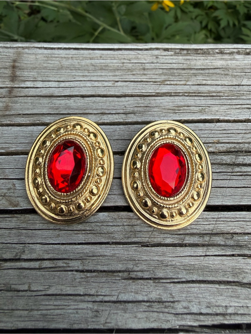 Vintage DVF Diane Von Furstenburg ClipOn Red Goldtone Oval Earrings